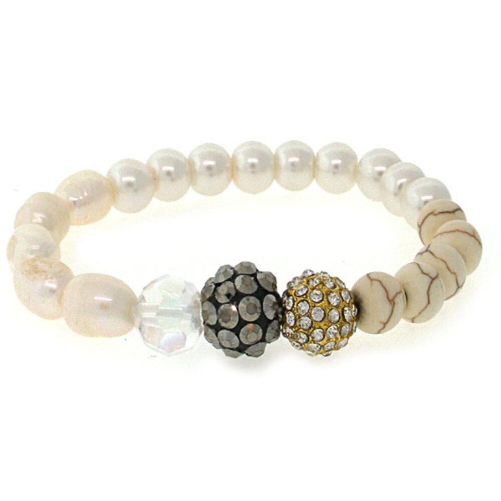 10mm Beaded Crystal, Howlite, Fresh Water Pearl Faux Mix Stretch Bracelet